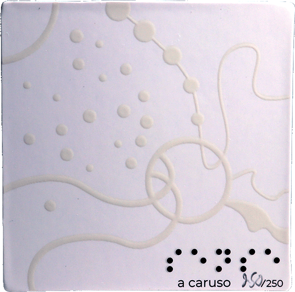 This piece a 2.5x2.5 inch square card with tightly rounded corners. The card has a circle in the bottom center. The title of the piece (Sense) in braille and the artist’s signature are in the bottom right corner along with the edition number, 250/250.

A perfect ring graces the card. Thick waving lines flow in and out of that ring. A shape like a river flows out of the ring from the other side of the waving lines. Dots pop larger and smaller outside of the ring, while a thin strand drags a row of planets that descend in size as they approach the ring. The strand continues past where the planets stop and curves in and out of the ring before extending off the edge of the card. A small strand twists back and forth next to the river. A thick quarter moon ring shows in the corner.
